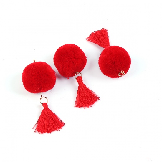 Picture of Plush Pendants Tassel Pom Pom Ball Gold Plated Red About 60mm x 22mm(2 3/8" x 7/8"), 10 PCs