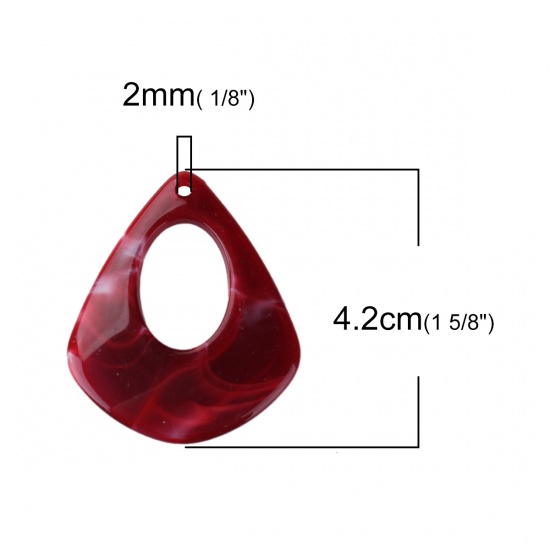 Picture of Resin Pendants Drop Wine Red Marble Effect 42mm(1 5/8") x 34mm(1 3/8"), 10 PCs