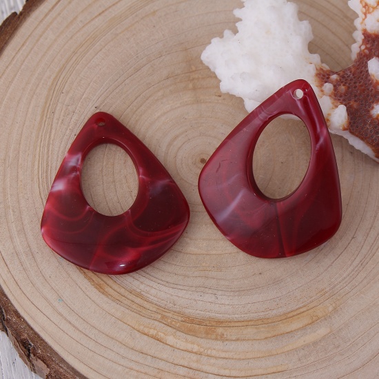 Picture of Resin Pendants Drop Wine Red Marble Effect 42mm(1 5/8") x 34mm(1 3/8"), 10 PCs