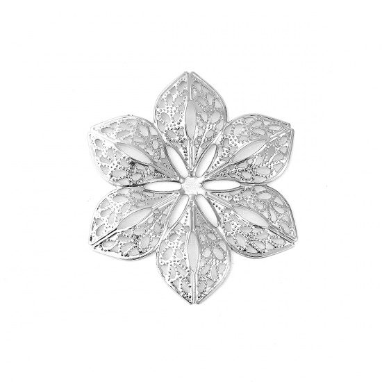 Bild von Eisenlegierung Embellishments Cabochons Blumen Silberfarbe Filigran 60mm x 53mm, 30 Stück
