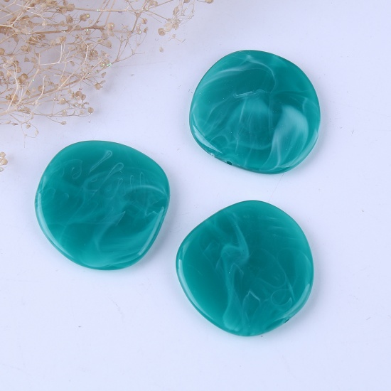 Picture of Resin Spacer Beads Irregular Peacock Green Round Marble Effect About 36mm x 36mm, Hole: Approx 1.6mm, 10 PCs