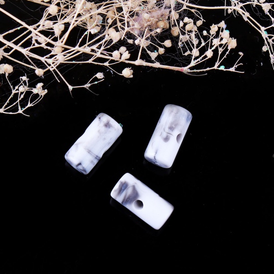 Image de Perles en Résine Colonne Blanc & Gris Effet Marbré 14mm x 7mm, Taille de Trou: 2.4mm, 50 Pcs