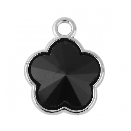 Picture of Zinc Based Alloy & Glass Charms Plum Blossom Silver Tone Black Rhinestone Faceted 15mm( 5/8") x 12mm( 4/8"), 10 PCs