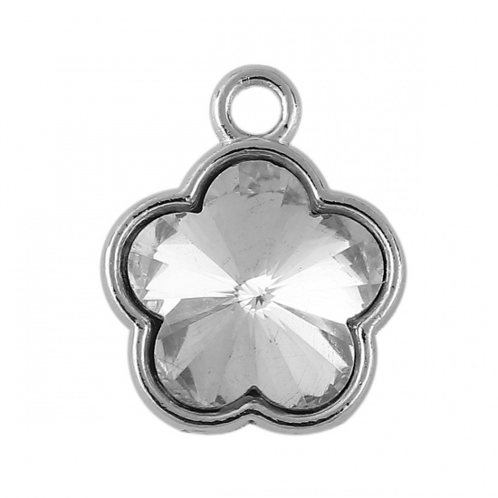 Picture of Zinc Based Alloy & Glass Charms Plum Blossom Silver Tone Clear Rhinestone Faceted 15mm( 5/8") x 12mm( 4/8"), 10 PCs