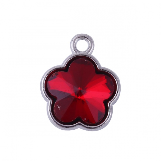 Picture of Zinc Based Alloy & Glass Charms Plum Blossom Silver Tone Wine Red Rhinestone Faceted 15mm( 5/8") x 12mm( 4/8"), 10 PCs