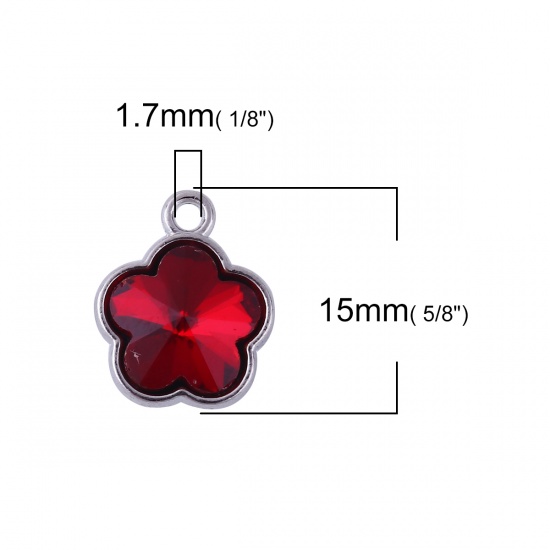 Picture of Zinc Based Alloy & Glass Charms Plum Blossom Silver Tone Wine Red Rhinestone Faceted 15mm( 5/8") x 12mm( 4/8"), 10 PCs