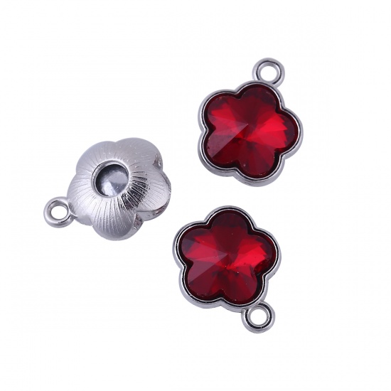 Picture of Zinc Based Alloy & Glass Charms Plum Blossom Silver Tone Wine Red Rhinestone Faceted 15mm( 5/8") x 12mm( 4/8"), 10 PCs