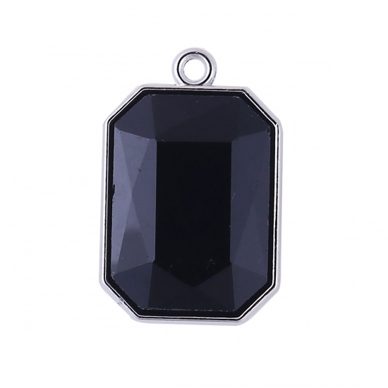 Picture of Zinc Based Alloy & Glass Charms Rectangle Silver Tone Faceted Black Rhinestone 23mm x 15mm, 10 PCs