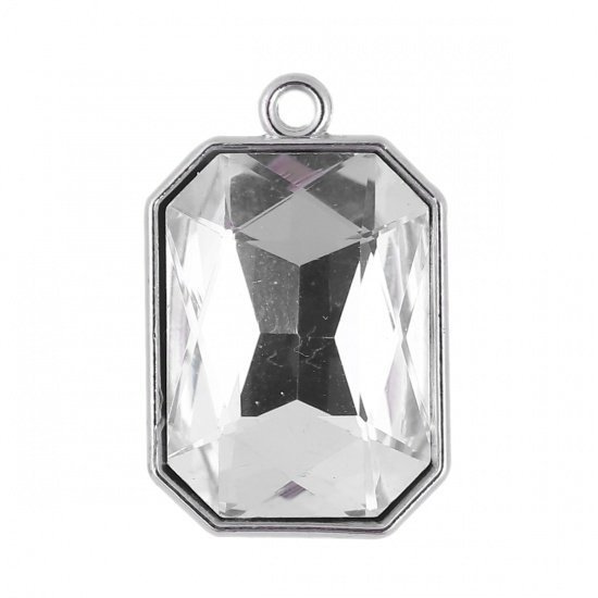 Picture of Zinc Based Alloy & Glass Charms Octagon Silver Tone Clear Rhinestone Faceted 23mm( 7/8") x 15mm( 5/8"), 10 PCs