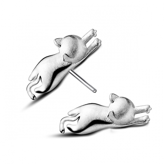 Picture of Brass Ear Post Stud Earrings Silver Tone Cat Animal Drawbench 12mm( 4/8") x 4mm( 1/8"), Post/ Wire Size: (20 gauge), 1 Pair                                                                                                                                   
