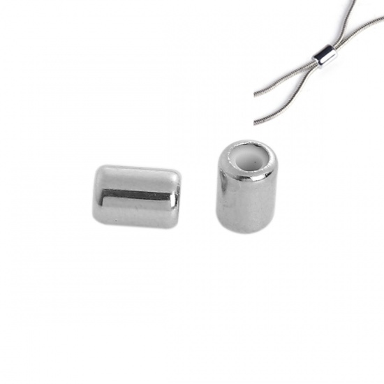 Bild von Kupfer Zwischenperlen Spacer Verstellbar Slider Verschluss-Perlen Zylinder Silberfarbe Mit Verstellbarem Silikonkern 6mm x 4mm, Loch:ca. 2.7mm, 20 Stück