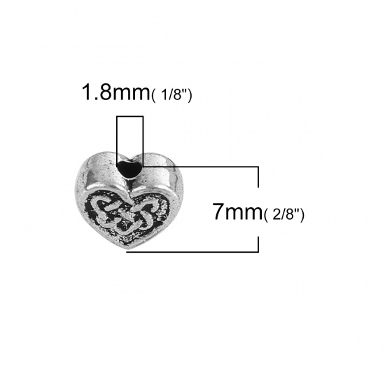 Изображение Цинковый Сплав Бусины Сердце Античное Серебро Китайские узлы Примерно 7мм x 7мм, Отверстие: Примерно 1.8мм, 100 ШТ