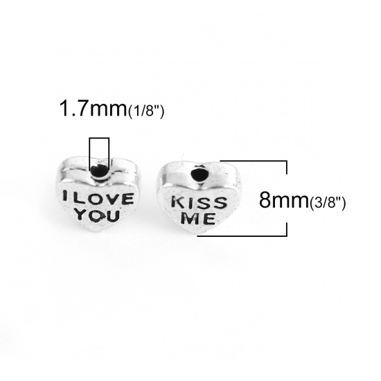 Picture of Zinc Based Alloy Beads Heart Antique Silver Color Word Message Message " I LOVE YOU KISS ME " About 8mm x 7mm, 100 PCs
