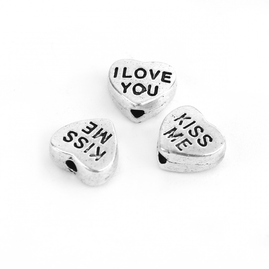 Bild von Zinklegierung Perlen Herz Antiksilber Message Message " I LOVE YOU KISS ME " ca. 8mm x 7mm, 100 Stück