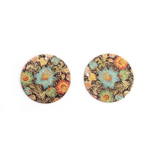 Picture of Brass Enamel Painting Charms Gold Plated Multicolor Round Flower Leaves Sparkledust 20mm Dia., 10 PCs                                                                                                                                                         
