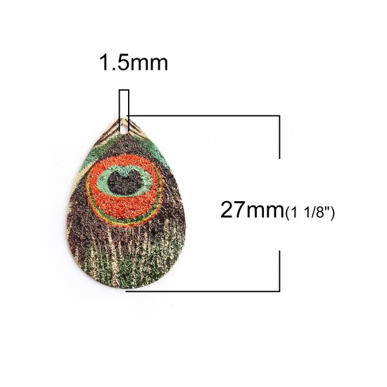 Picture of Brass Enamel Painting Charms Gold Plated Multicolor Peacock Feather Drop Sparkledust 27mm x 18mm, 10 PCs                                                                                                                                                      