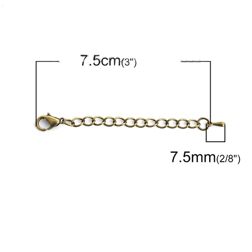 Bild von Eisenlegierung Verlängerungskette Extender Kette Für Halskette oder Armband Bronzefarbe Tropfen 7.5cm lang, Nutzbare Kettenlänge: 5cm, 10 Strange