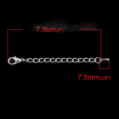 Bild von Eisenlegierung Verlängerungskette Extender Kette Für Halskette oder Armband Versilbert Tropfen 7.5cm lang, Nutzbare Kettenlänge: 5cm, 10 Strange