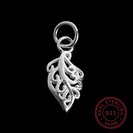 Picture of Sterling Silver Charms Silver Leaf W/ Jump Ring 18mm( 6/8") x 7mm( 2/8"), 2 Grams (Approx 5 PCs)