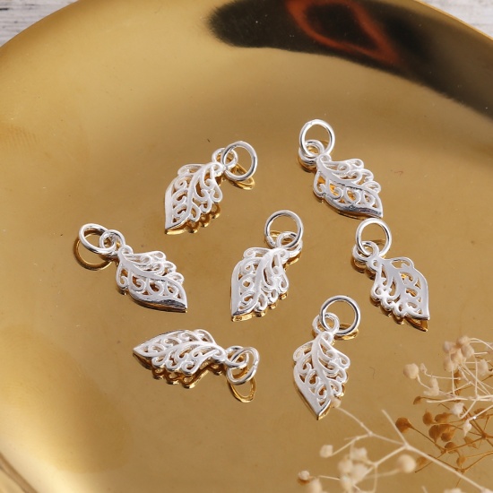 Picture of Sterling Silver Charms Silver Leaf W/ Jump Ring 18mm( 6/8") x 7mm( 2/8"), 2 Grams (Approx 5 PCs)