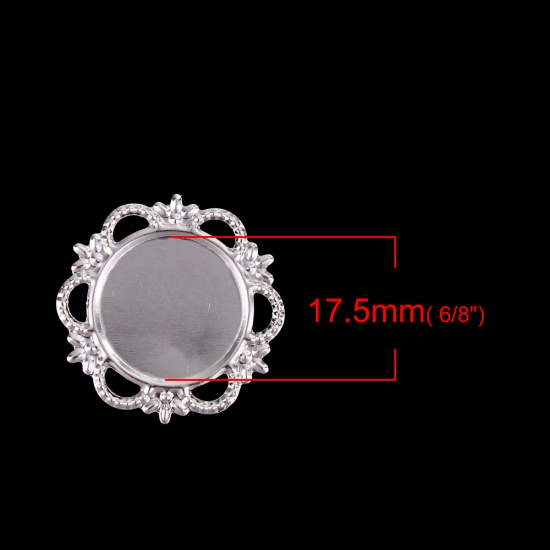 Immagine di Lega di Ferro Filigree Stamping Cabochon per Abbellimento Fiore Tono Argento Basi per Cabochon (Adatto 17.5mm) 28mm x 28mm, 60 Pz