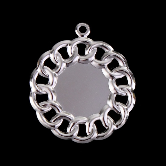 Picture of Iron Based Alloy Pendants Round Silver Tone Filigree Cabochon Settings (Fits 17mm Dia.) 40mm x 35mm, 50 PCs