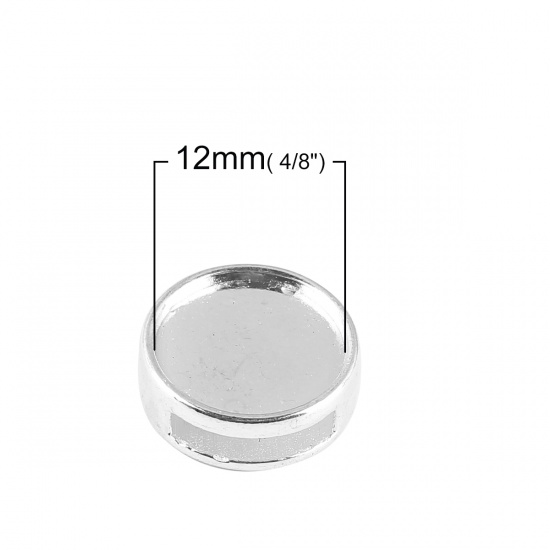 Picture of Zinc Based Alloy Slide Beads Flat Round Silver Plated Cabochon Settings (Fits 12mm Dia.) About 14mm Dia, Hole:Approx 10mm x 2mm (Fits 10mm x2mm Cord), 20 PCs