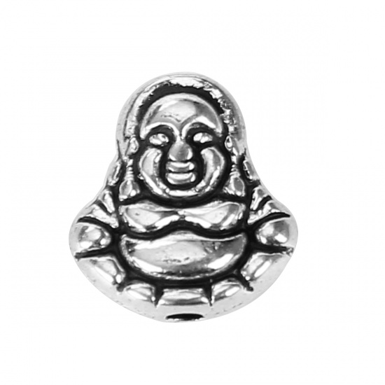 Bild von Zinklegierung 3D Perlen Maitreya Buddha Antiksilber 11mm x 10mm, Loch:ca. 1.4mm, 50 Stück