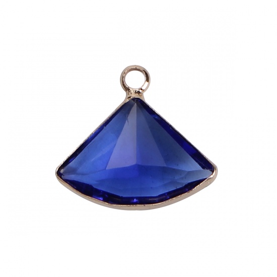 Picture of Copper & Glass Charms Fan-shaped Deep Blue Faceted 19mm( 6/8") x 17mm( 5/8"), 5 PCs