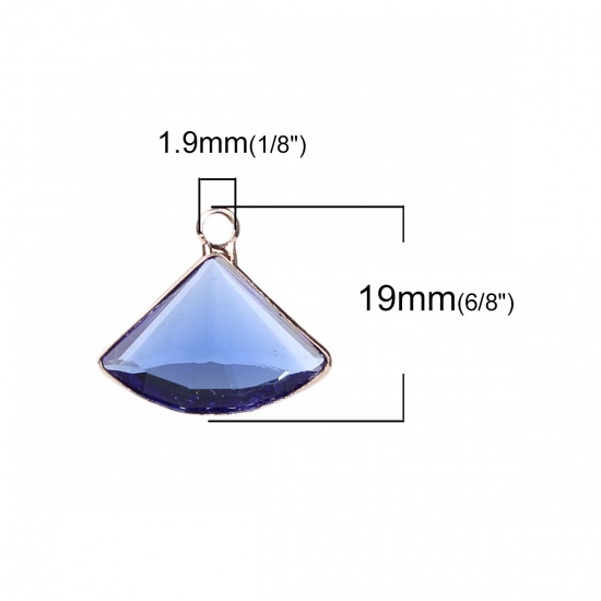 Picture of Copper & Glass Charms Fan-shaped Deep Blue Faceted 19mm( 6/8") x 17mm( 5/8"), 5 PCs
