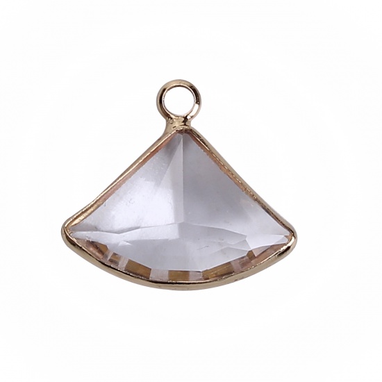 Picture of Copper & Glass Charms Fan-shaped Transparent Clear Faceted 19mm( 6/8") x 17mm( 5/8"), 5 PCs