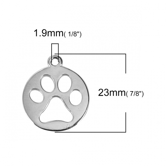 Picture of Zinc Based Alloy Pet Memorial Charms Round Silver Tone Bear Paw Print 23mm x 20mm, 20 PCs