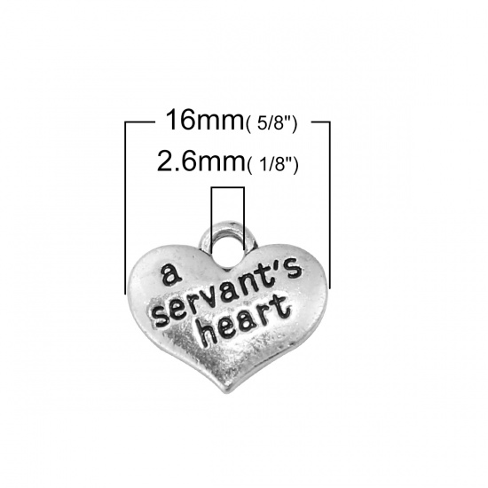 Immagine di Lega di Zinco Charms Cuore Argento Antico Messaggio " a servant's heart " 16mm x 14mm , 10 Pz