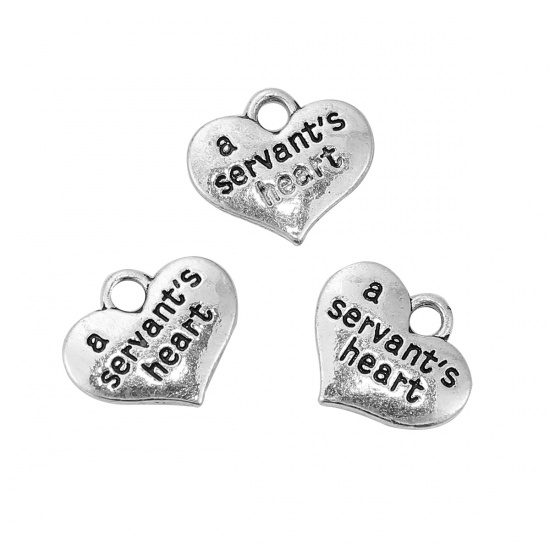 Picture of Zinc Based Alloy Charms Heart Antique Silver Message " a servant's heart " 16mm( 5/8") x 14mm( 4/8"), 10 PCs