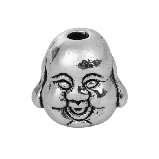 Bild von Zinklegierung 3D Zwischenperlen Spacer Perlen Maitreya Buddha Antiksilber 10mm x 10mm, Loch:ca. 2.1mm, 30 Stück
