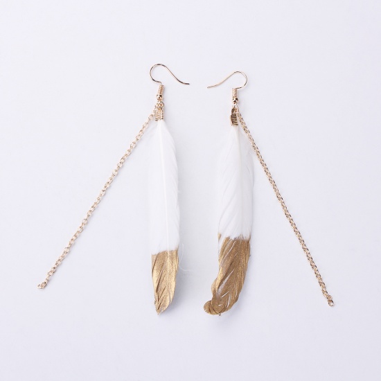 Picture of Natural Feather Earrings Gold Plated White 11.5cm(4 4/8"), Post/ Wire Size: (21 gauge), 1 Pair