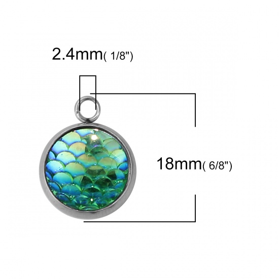 Picture of 304 Resin Mermaid Fish/ Dragon Scale Charms Round Disc Green AB Color 18mm( 6/8") x 14mm( 4/8"), 10 PCs”
