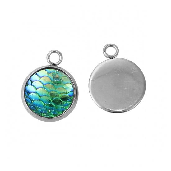 Picture of 304 Resin Mermaid Fish/ Dragon Scale Charms Round Disc Green AB Color 18mm( 6/8") x 14mm( 4/8"), 10 PCs”