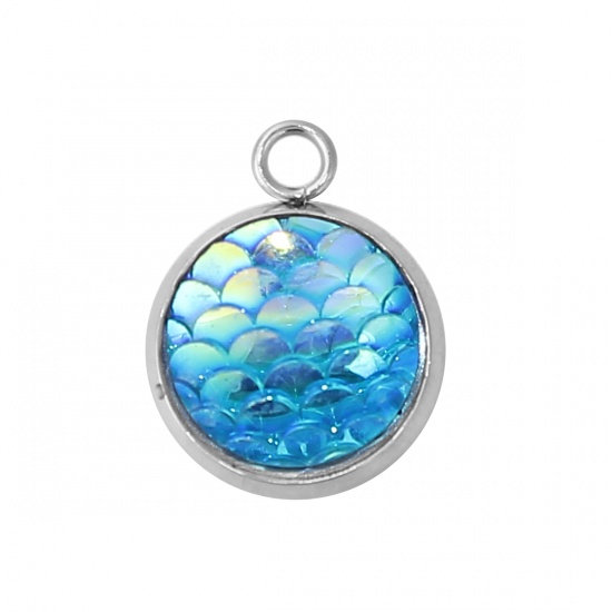 Picture of 304 Resin Mermaid Fish/ Dragon Scale Charms Round Disc Blue AB Color 18mm( 6/8") x 14mm( 4/8"), 10 PCs”