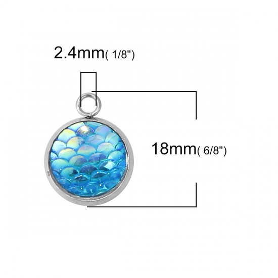 Picture of 304 Resin Mermaid Fish/ Dragon Scale Charms Round Disc Blue AB Color 18mm( 6/8") x 14mm( 4/8"), 10 PCs”