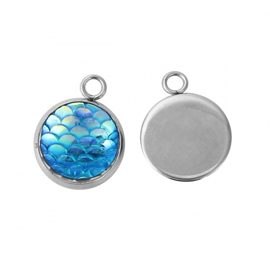 Picture of 304 Resin Mermaid Fish/ Dragon Scale Charms Round Disc Blue AB Color 18mm( 6/8") x 14mm( 4/8"), 10 PCs”