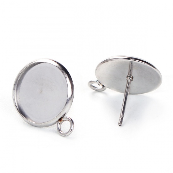 Picture of 304 Stainless Steel Ear Post Stud Earrings Round Silver Tone W/ Loop Cabochon Settings (Fits 12mm Dia.) 18mm( 6/8") x 14mm( 4/8"), 20 PCs”