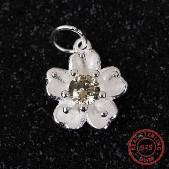 Picture of Sterling Silver Charms Silver Flower W/ Jump Ring Yellow Rhinestone 14mm( 4/8") x 10mm( 3/8"), 1 Piece