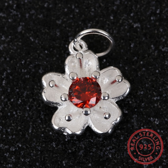 Picture of Sterling Silver Charms Silver Flower W/ Jump Ring Red Rhinestone 14mm( 4/8") x 10mm( 3/8"), 1 Piece