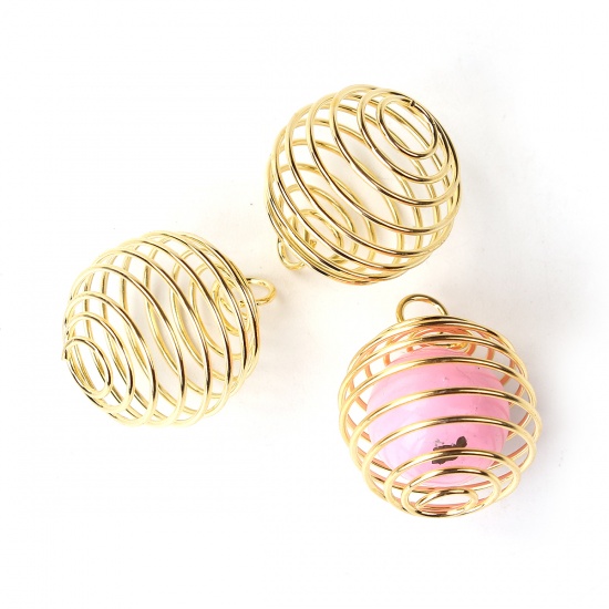 Picture of Iron Based Alloy Spiral Bead Cages Pendants Lantern Gold Plated W/ Loop 25mm x 20mm, 20 PCs