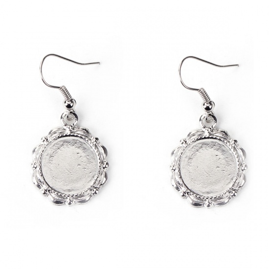 Picture of Zinc Based Alloy Earrings Findings Round Silver Tone Cabochon Settings (Fit 14mm Dia.) 41mm(1 5/8") x 19mm( 6/8"), Post/ Wire Size: (21 gauge), 10 PCs