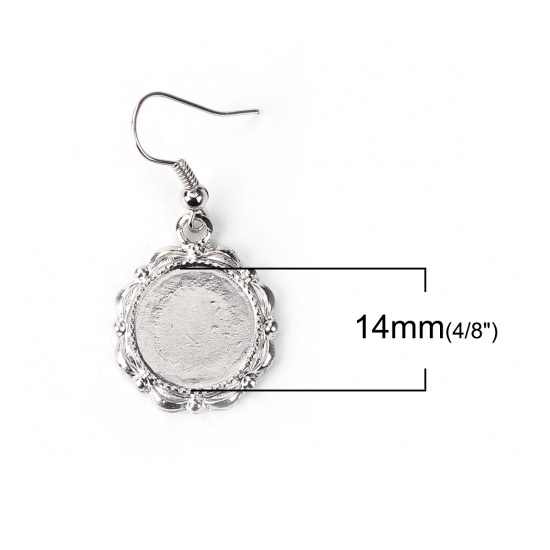 Immagine di Lega di Zinco Orecchino Accessori Tondo Tono Argento Basi per Cabochon (Addetti: 14mm) 41mm x 19mm, Filo Dimensione: (21 misura), 10 Pz