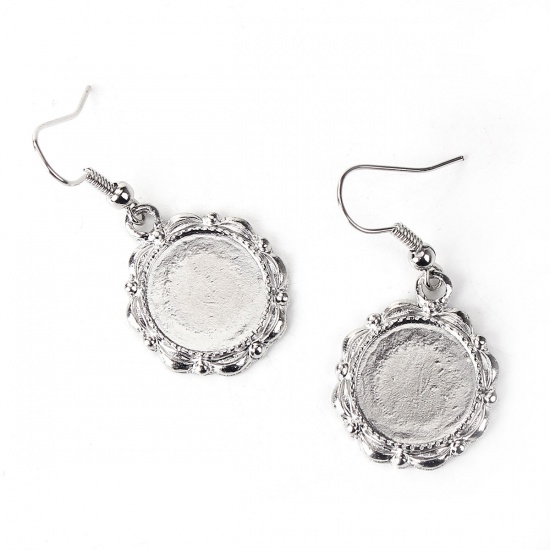 Picture of Zinc Based Alloy Earrings Findings Round Silver Tone Cabochon Settings (Fit 14mm Dia.) 41mm(1 5/8") x 19mm( 6/8"), Post/ Wire Size: (21 gauge), 10 PCs