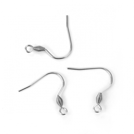Picture of Stainless Steel Ear Wire Hooks Earring Findings Silver Tone W/ Loop 21mm( 7/8") x 21mm( 7/8"), Post/ Wire Size: (20 gauge), 30 PCs