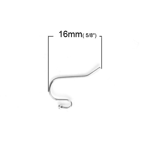 Picture of Stainless Steel Ear Wire Hooks Earring Findings Silver Tone 16mm x 12mm, Post/ Wire Size: (21 gauge), 50 PCs